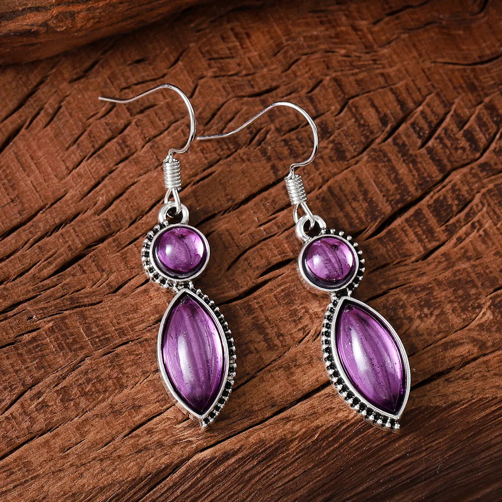 Vintage geometric pendant earrings with black and purple electroplated finish on zinc alloy.