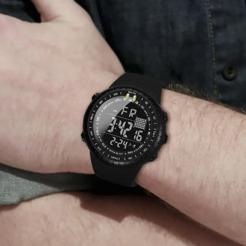 Black waterproof digital watch for men with large 54.74mm dial and PU strap