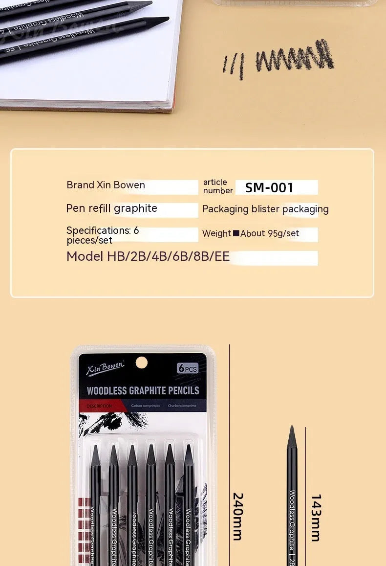 Graphite sketching pencil set with six art grades from HB to EE in wood-free construction