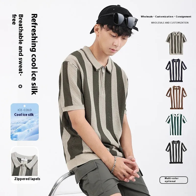 Men's striped ice silk short sleeve sweater with zipper decoration in multiple colours
