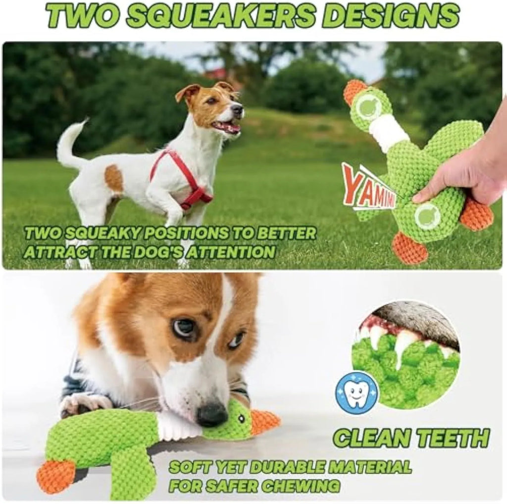 Blue green and grey durable duck plush dog toy with squeakers for chewing and play