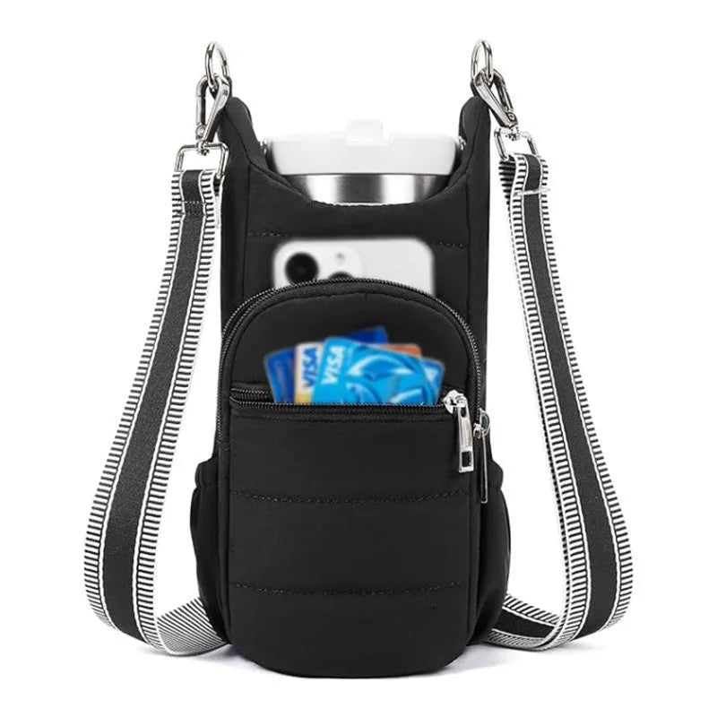 Water bottle kettle bag designed for bicycle mounting in black, pink, or beige cloth construction