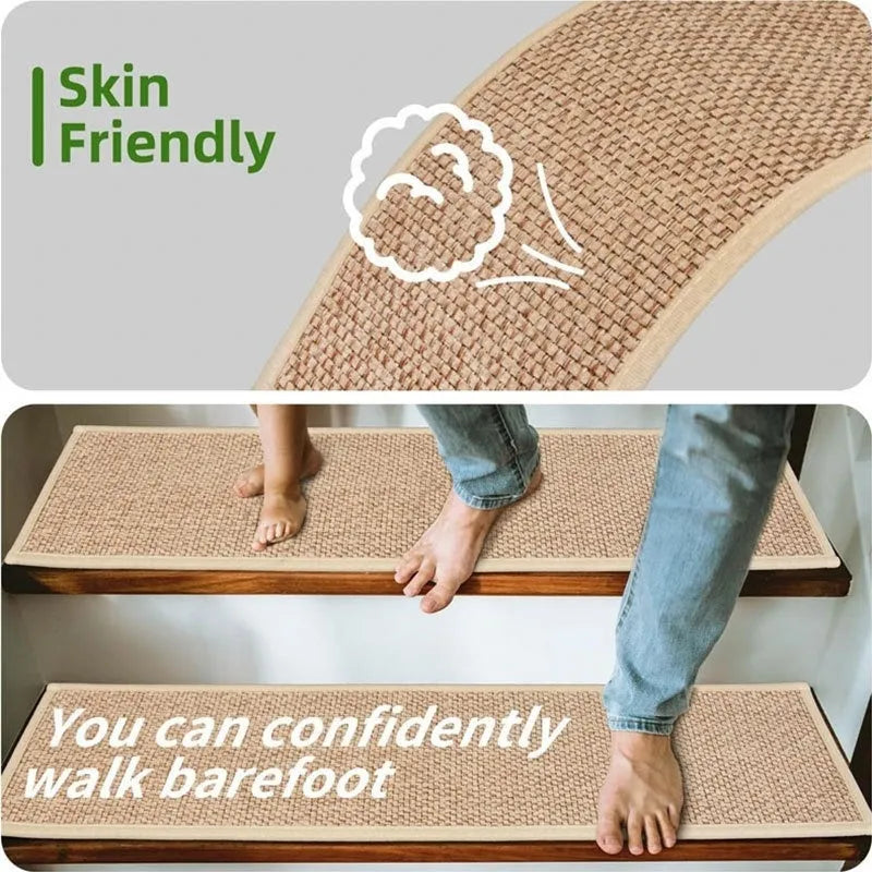 Japanese-style linen-look stair mat in camel colour on a wooden step, showing rubber bottom.