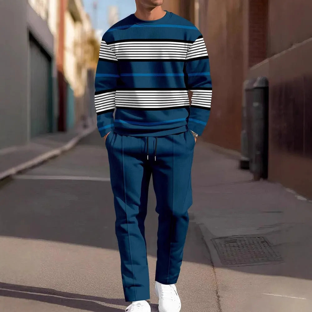 Fashion men's casual sporty round neck sweatshirt and pants two-piece set with printed letters, polyester fabric, long sleeves, street trendsetter style
