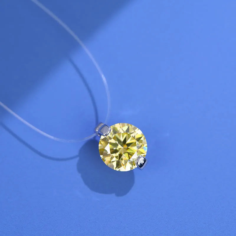 Women's S925 silver necklace with a floating moissanite plum blossom pendant on an invisible fishing line chain.