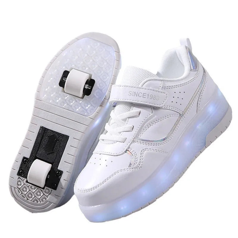 Charging flash roller skates with LED light-up wheels in black, pink, purple and white colour options
