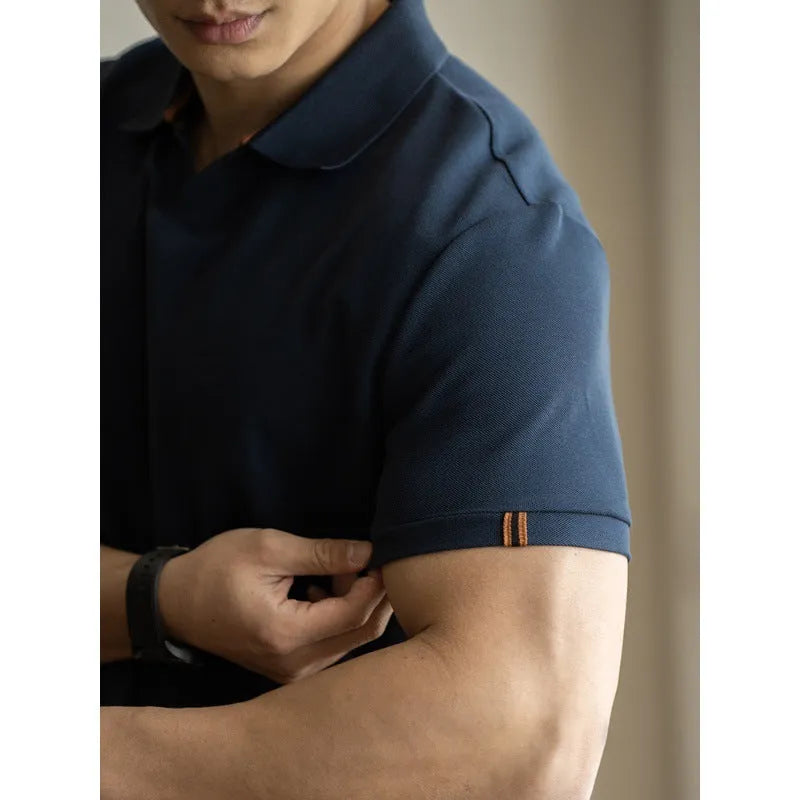 Men's blue American-style short-sleeve polo shirt on a hanger