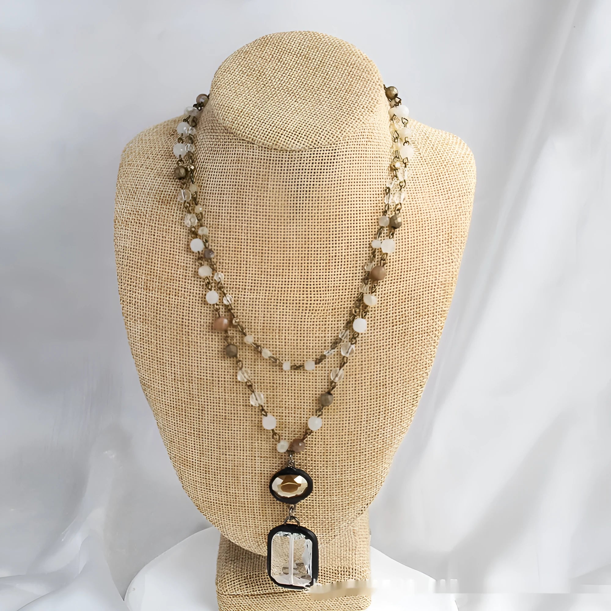 Tribal style layered necklace with natural stone and glass pendant on adjustable chain