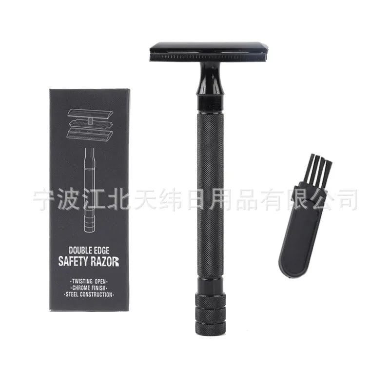 Traditional manual shaving razor with metal scraper and brush in black or silver finish