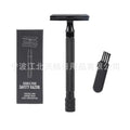 Traditional manual shaving razor with metal scraper and brush in black or silver finish