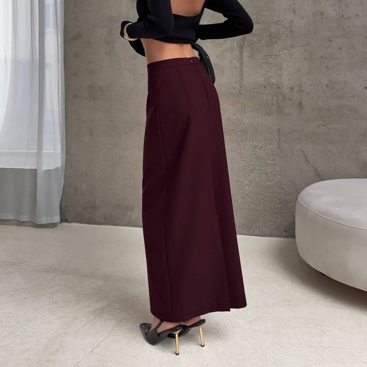 High waist straight skirt dark brown polyester split design front view