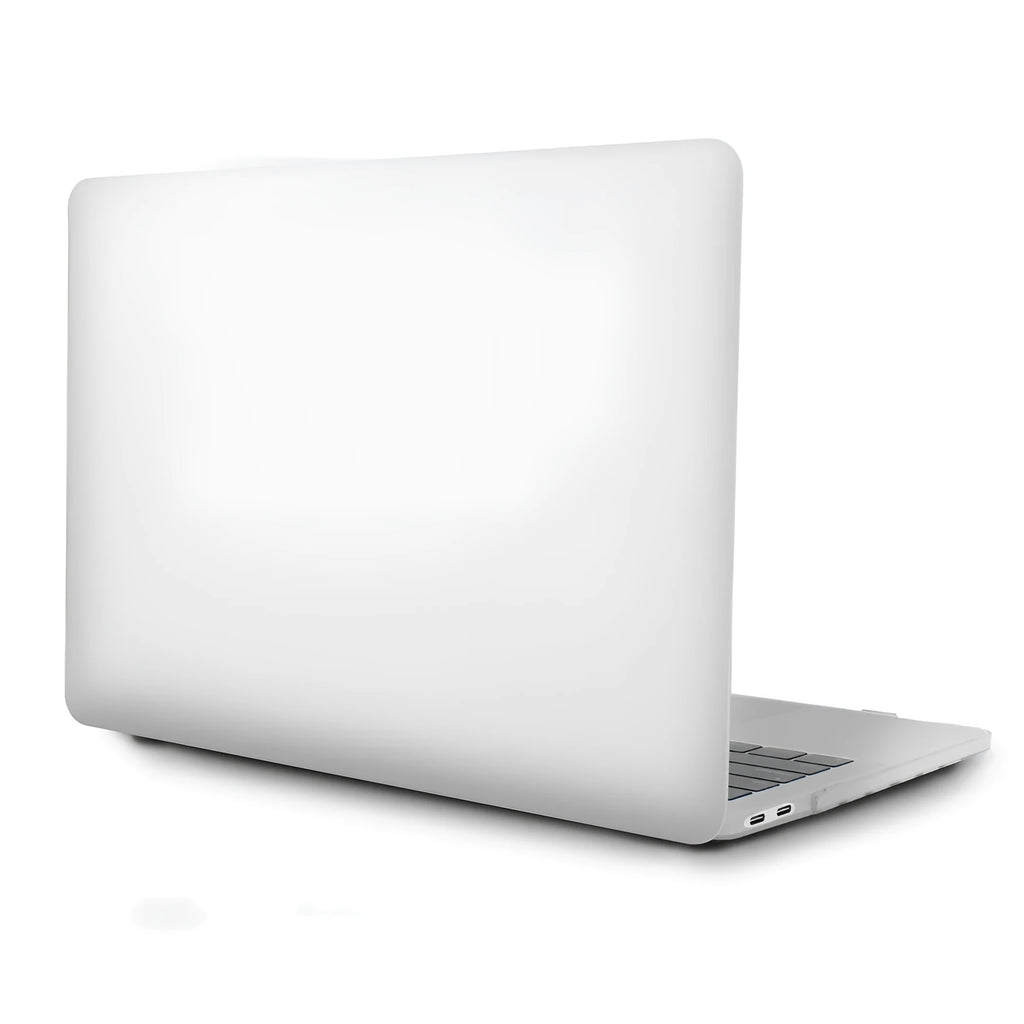Frosted transparent black plastic protective case fitted on a MacBook Pro showing matte finish