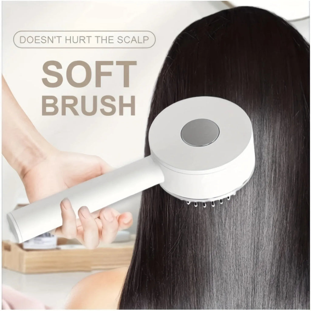 One-key self-cleaning hair brush with 3D air cushion and round-head pins, available in green, pink and white, size 20x9cm