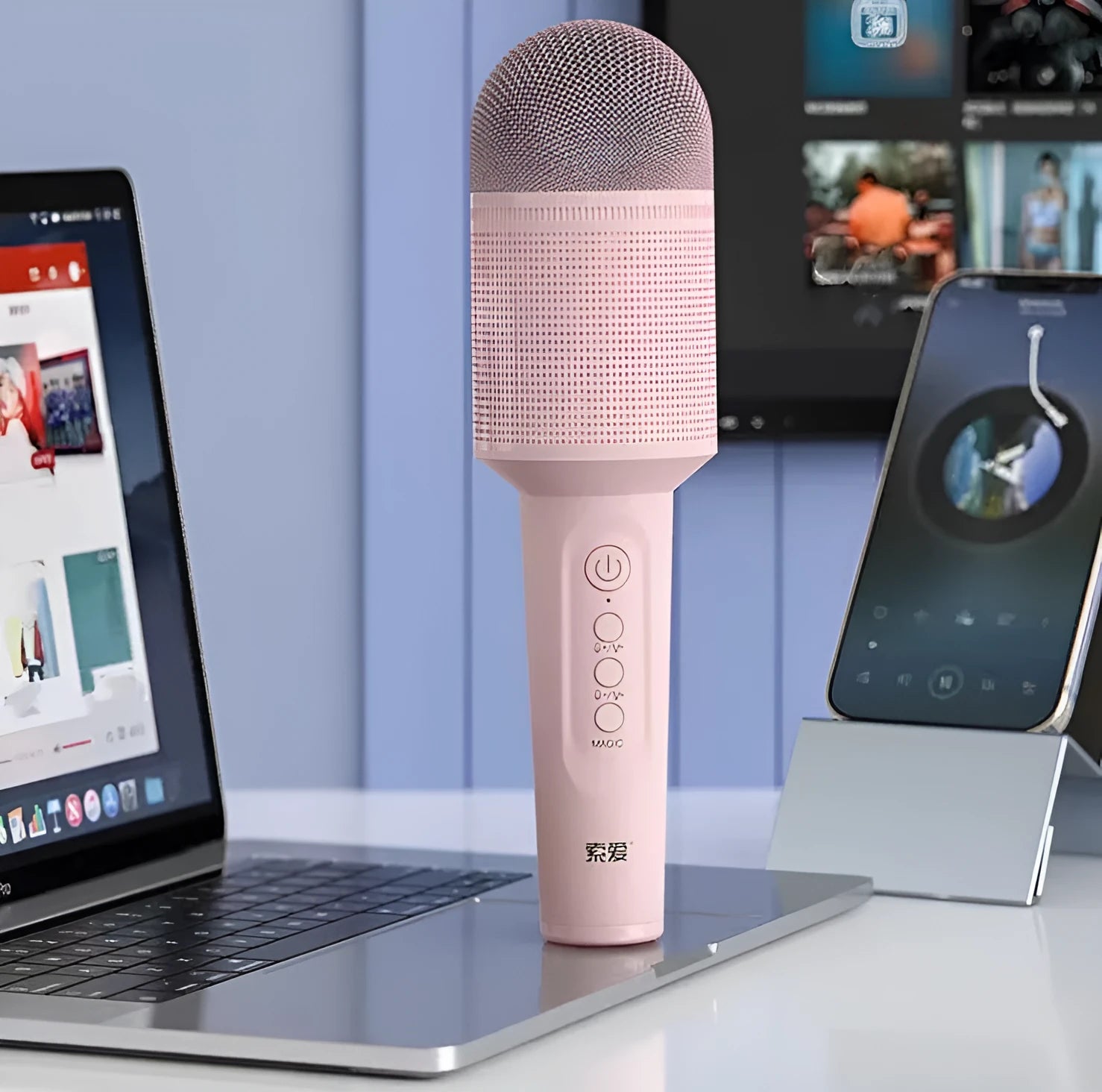 Wireless Bluetooth karaoke microphone with USB recording in pink, blue, or green colour