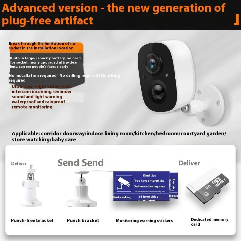 Wireless battery-powered indoor surveillance camera with compact ball design on included bracket.