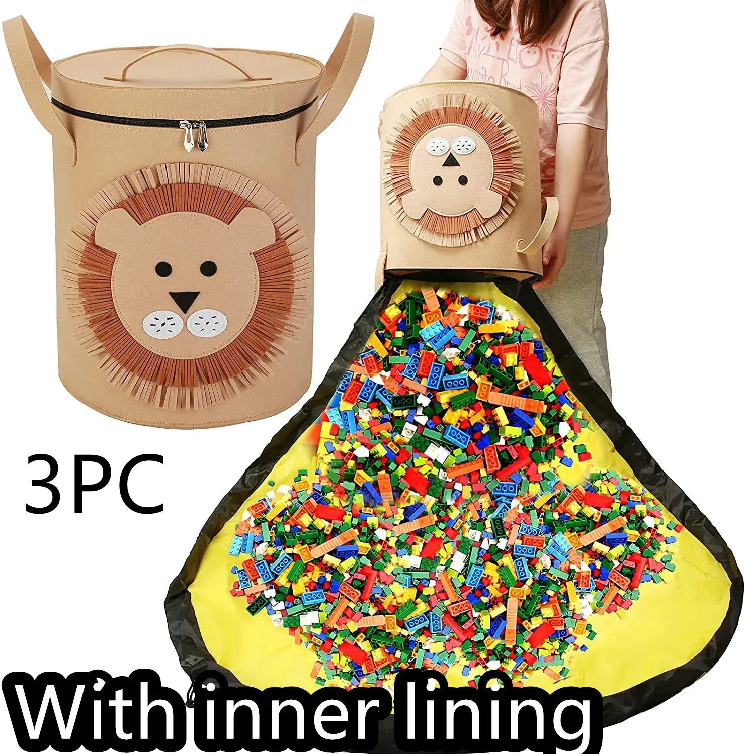 Green felt cube storage bag open as play mat with pull rope closure for children's toys