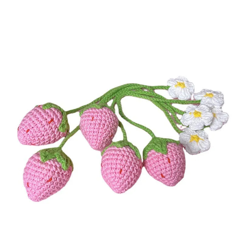 Wool crochet strawberry pendant necklace in pink or red colour with 35cm length