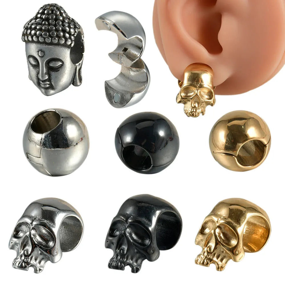 Stainless steel hollow skull Buddha earrings with geometric designs in four electroplated colour finishes