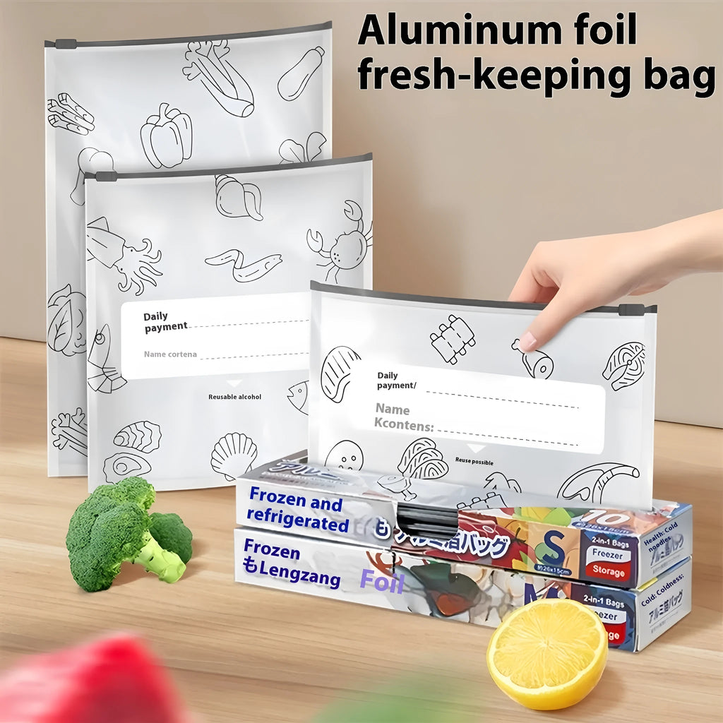 Aluminium foil sealed storage bags in three sizes: small 20×13cm, medium 23×17cm, and large 26×29cm