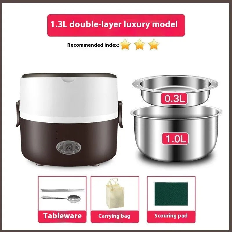 Portable plug-in insulated lunch box with stainless steel inner liner, double layer pink colour, and mains power cord