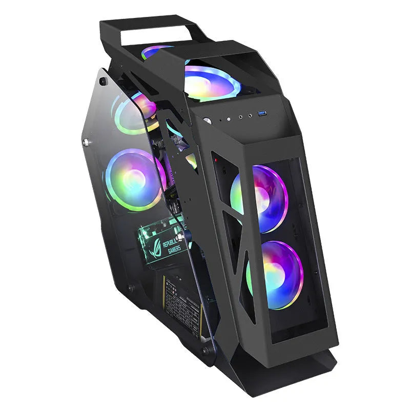 Table-type black bare metal PC chassis with six RGB fans lit up on a desk
