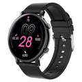 Bluetooth smartwatch with stainless steel strap showing call function and health metrics on screen.