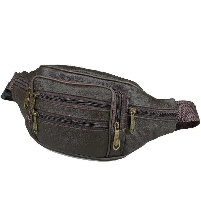 Genuine leather men's outdoor waist bag in black, 22x12x6cm, waterproof solid colour design
