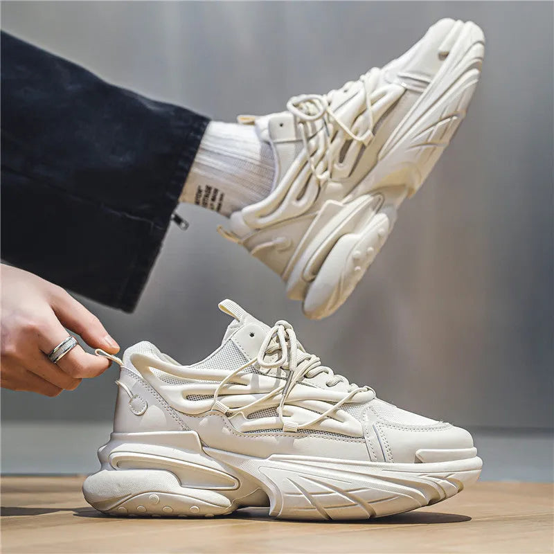 Men's beige mesh sneakers with lace-up front and rubber sole