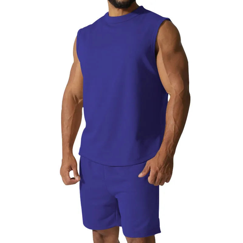 Men's sleeveless top and shorts cotton blend sports suit set in multiple solid colours