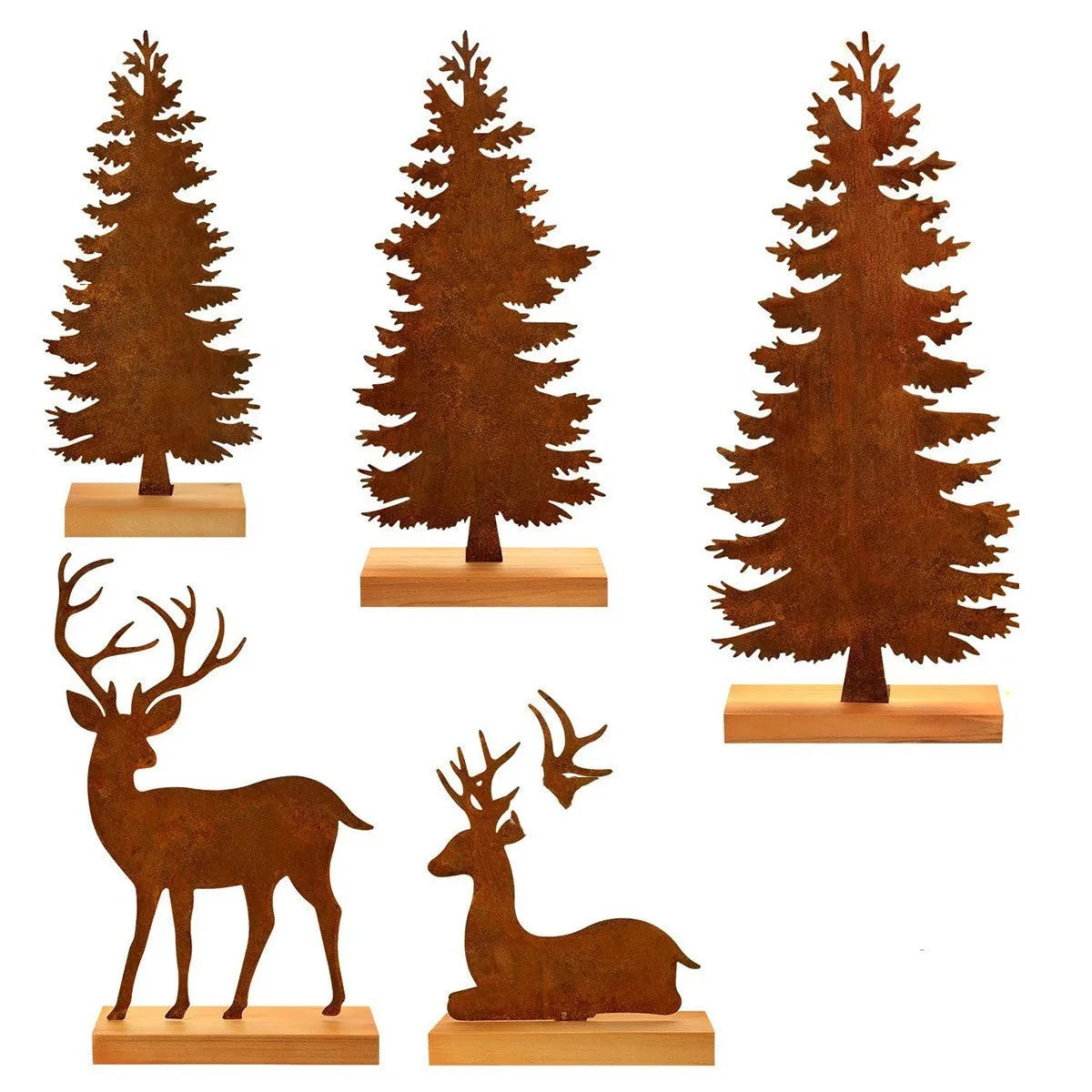 Set of three rusty metal Christmas tree ornaments with elk designs on a rustic background.