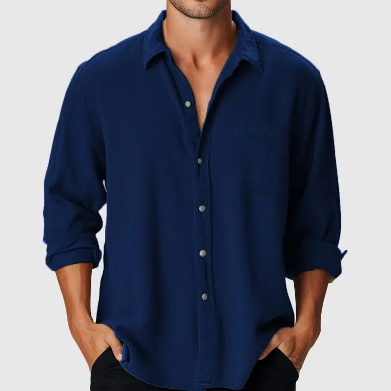Men's loose-fit beach holiday shirt with stand collar and long sleeves in blue colour option