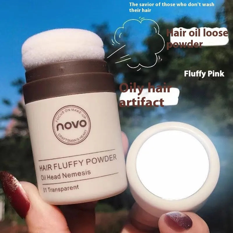 Oil control powder container showing transparent, brown, and dark brown powder variants for hair and facial application