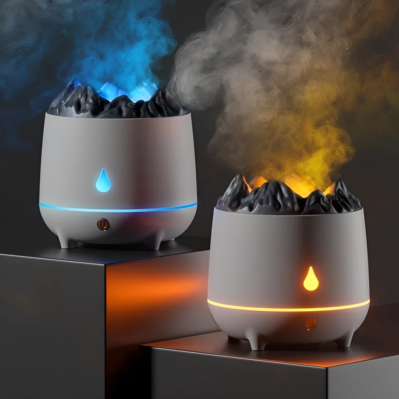 Volcano-shaped ultrasonic humidifier with USB power connection and single mist outlet
