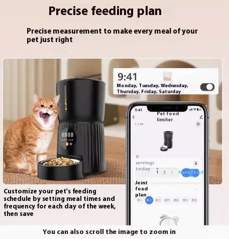 Black automatic pet feeder with digital display and food container for dogs and cats