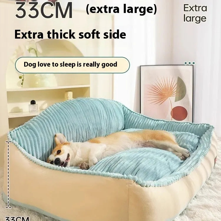 Morandi colour kennel-style dog mat cat bed with removable cover on a sofa, shown in two sizes.