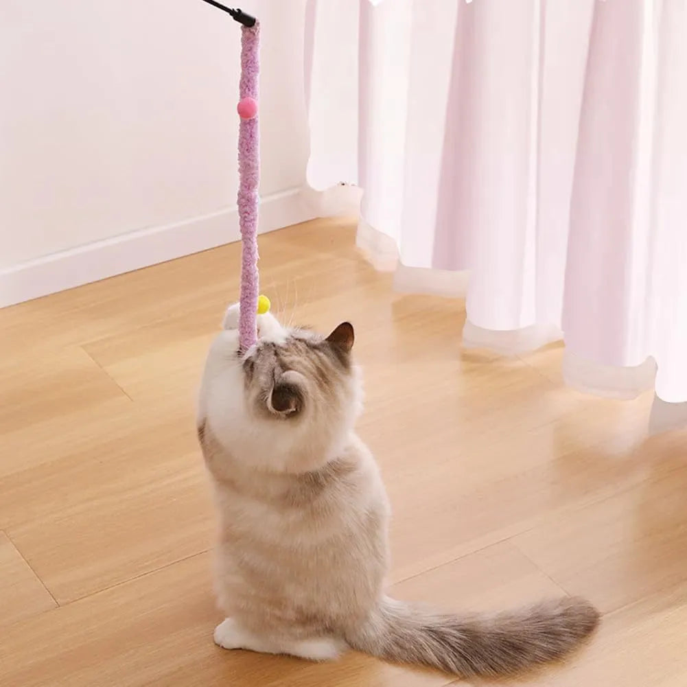 Colourful cat wand toy with plush strip, fluffy ball and bell on 41cm pole