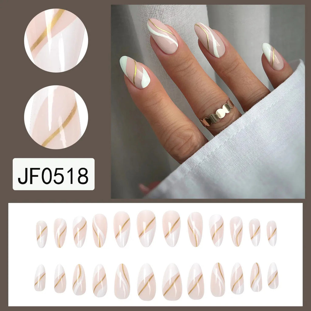 Golden Lines plaid pattern false nails in medium drop shape with JF0518 jelly glue.