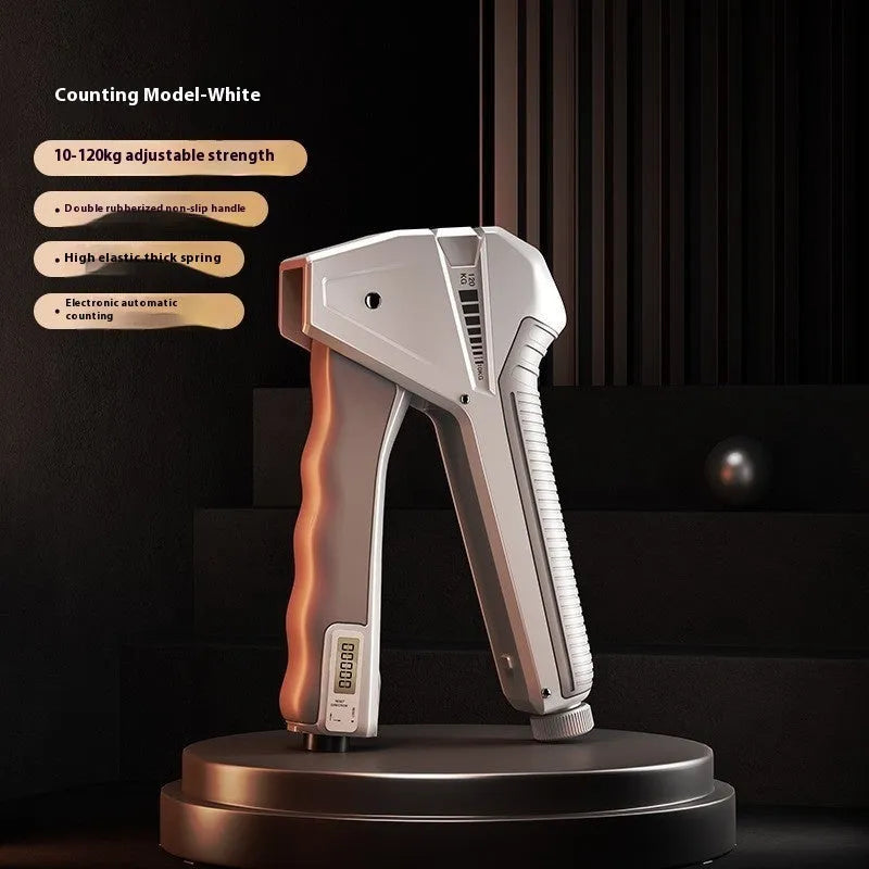 Adjustable hand grip strengthener with mechanical force display, shown in orange colour.