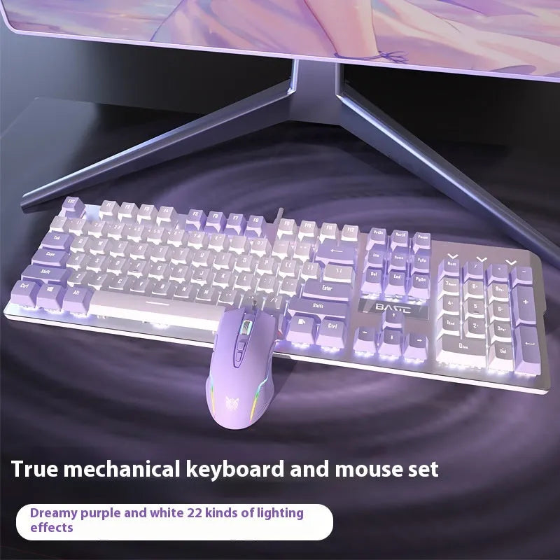 White and purple wired mechanical keyboard and mouse set with backlight