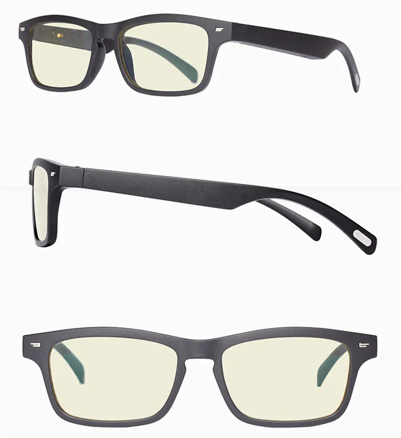 Smart Bluetooth audio glasses with semi-open ear speakers and dark polarised lenses.