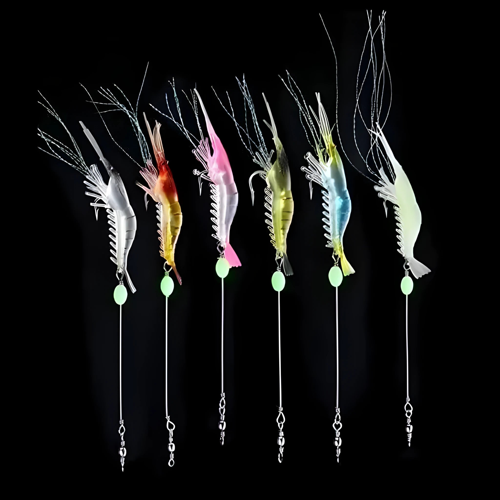 Soft plastic fishing lure with integrated hook in six colour variations including luminous patterns