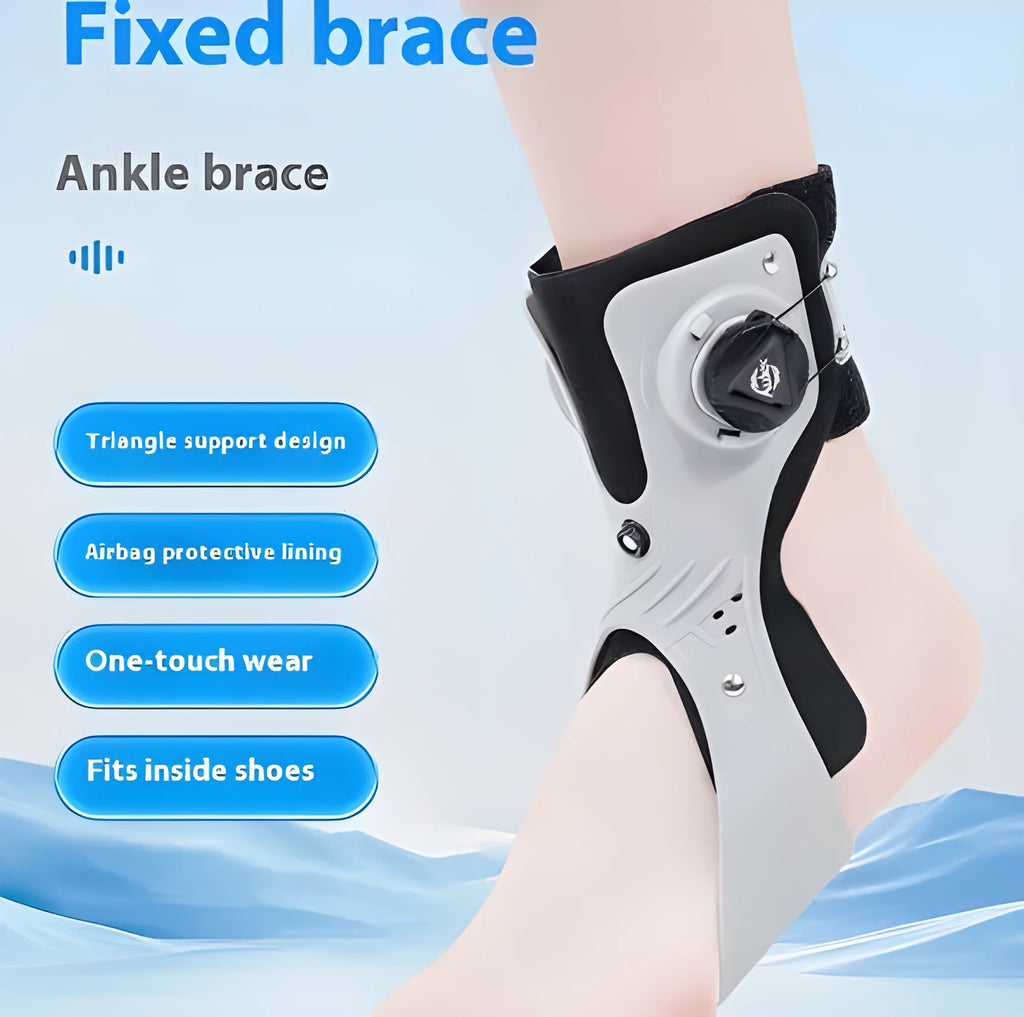 Grey and black airbag button ankle support brace for left or right foot, showing adjustable straps.