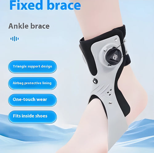 Grey and black airbag button ankle support brace for left or right foot, showing adjustable straps.