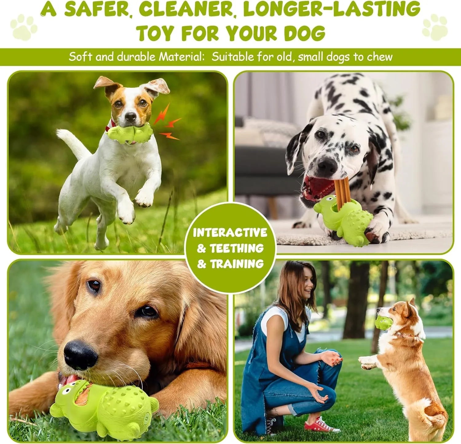 Green and yellow thick natural rubber squeaky dog chew toy for large breed dogs.