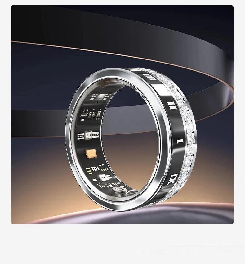 Silver and gold smart rings with diamond inlay displaying blood oxygen monitoring functions