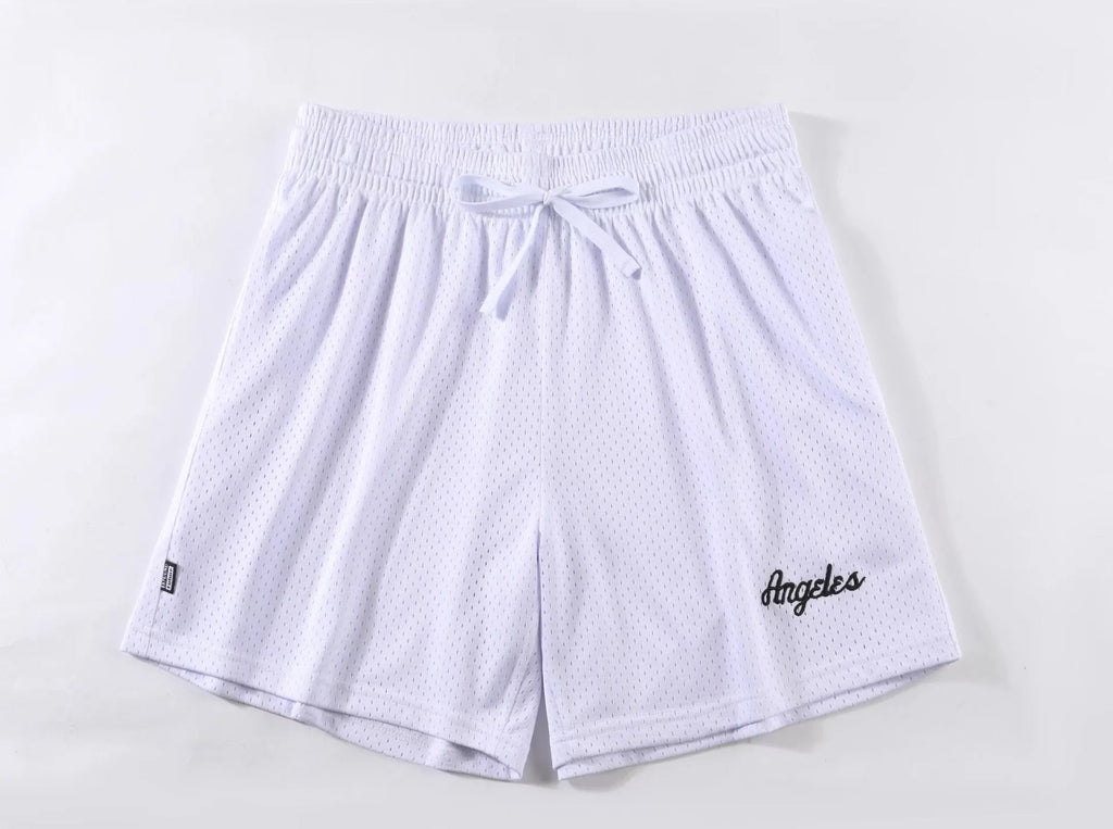 Men's black double-layer mesh shorts for summer sports and leisure wear.