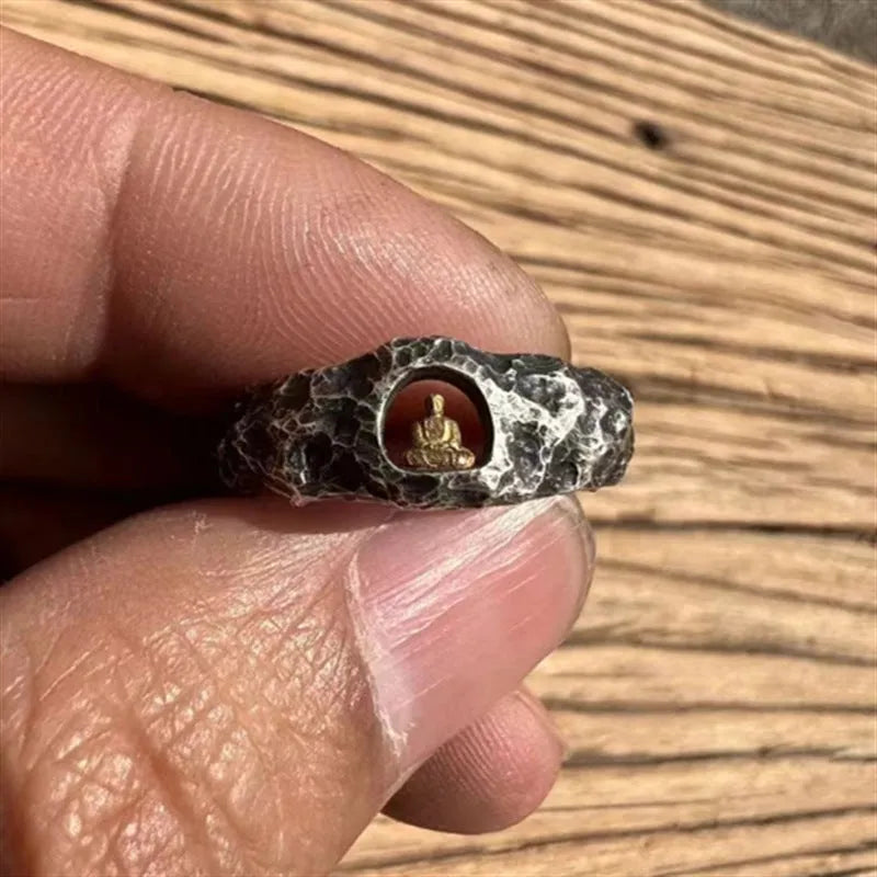 Copper Buddha ring with textured grotto surface showing hand-forged details and retro styling
