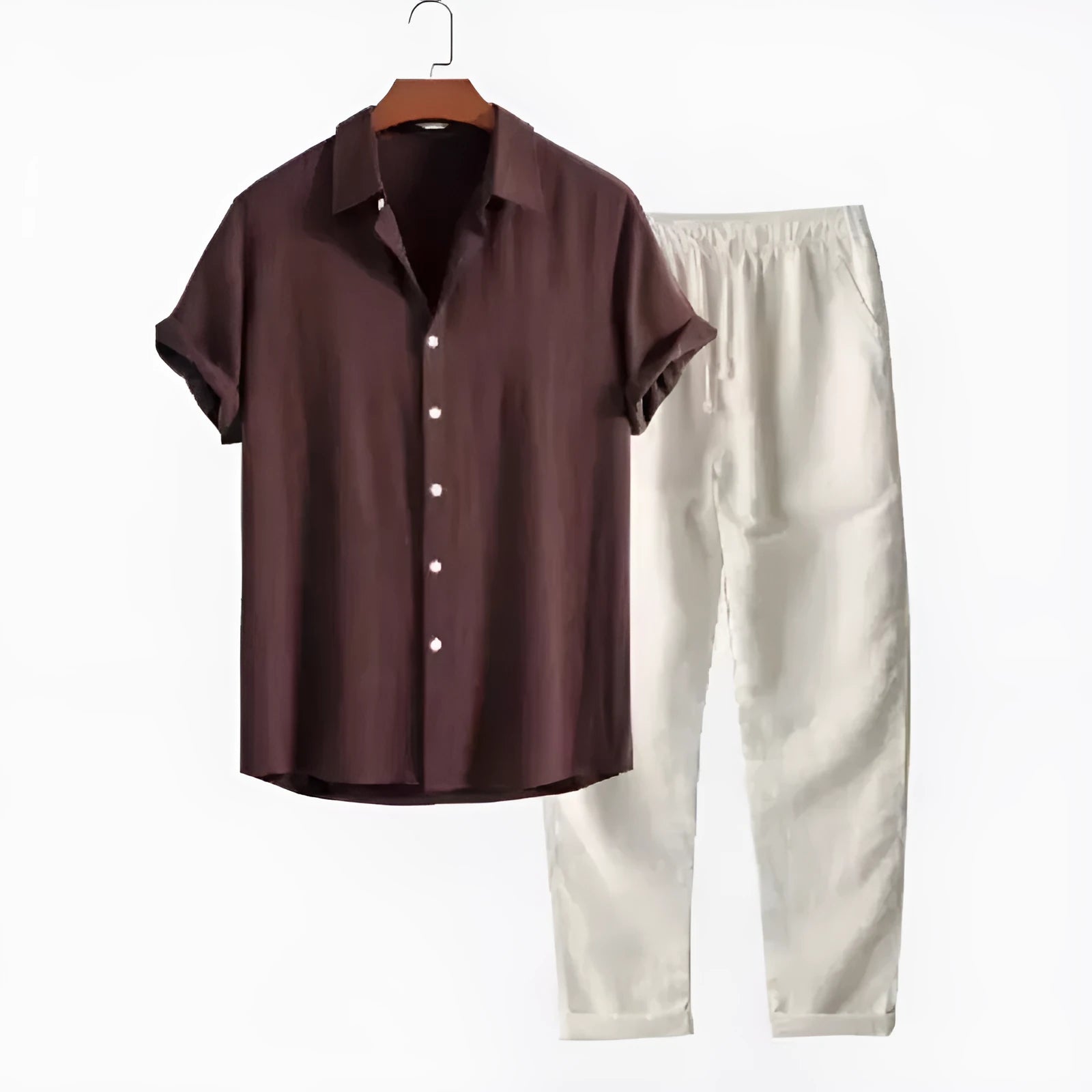 Men's loose fit casual short sleeve shirt and trousers set in linen-look fabric