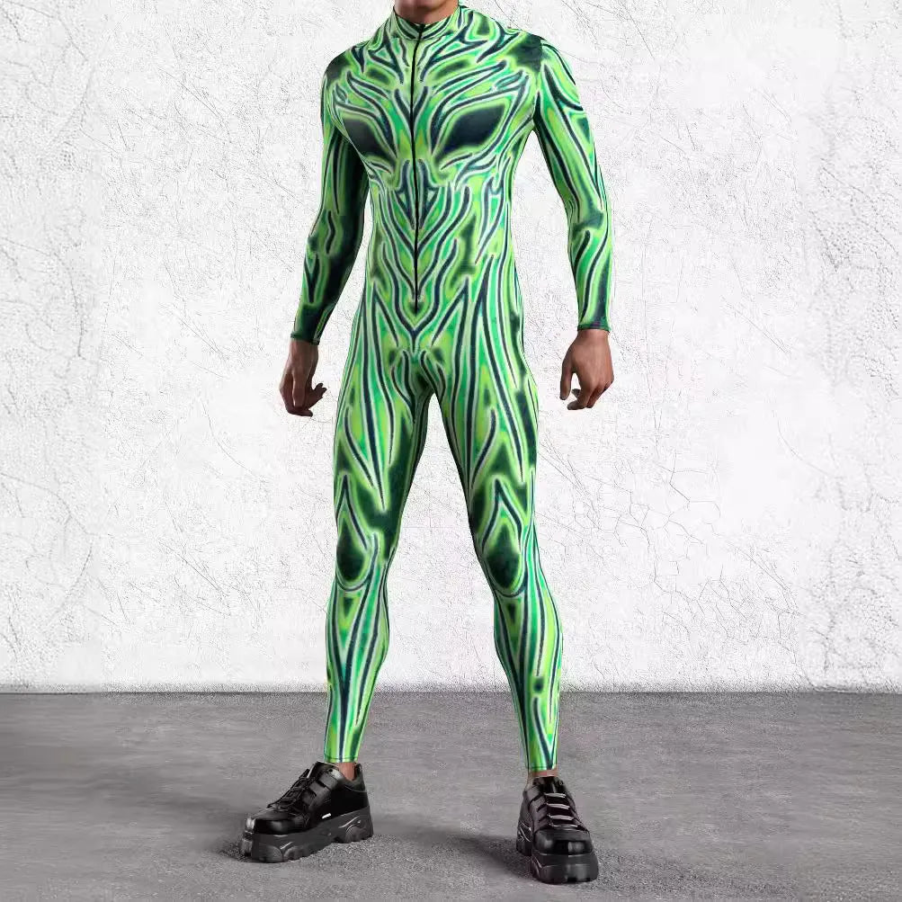 Halloween 3D digital print cosplay jumpsuit in Model 1 colour on adult model, showing full-body stretch fabric costume