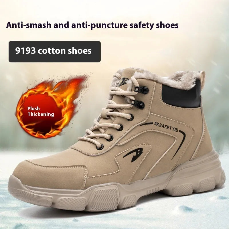 Brown leather anti-smash lightweight safety work shoes with a rubber sole on a grey background